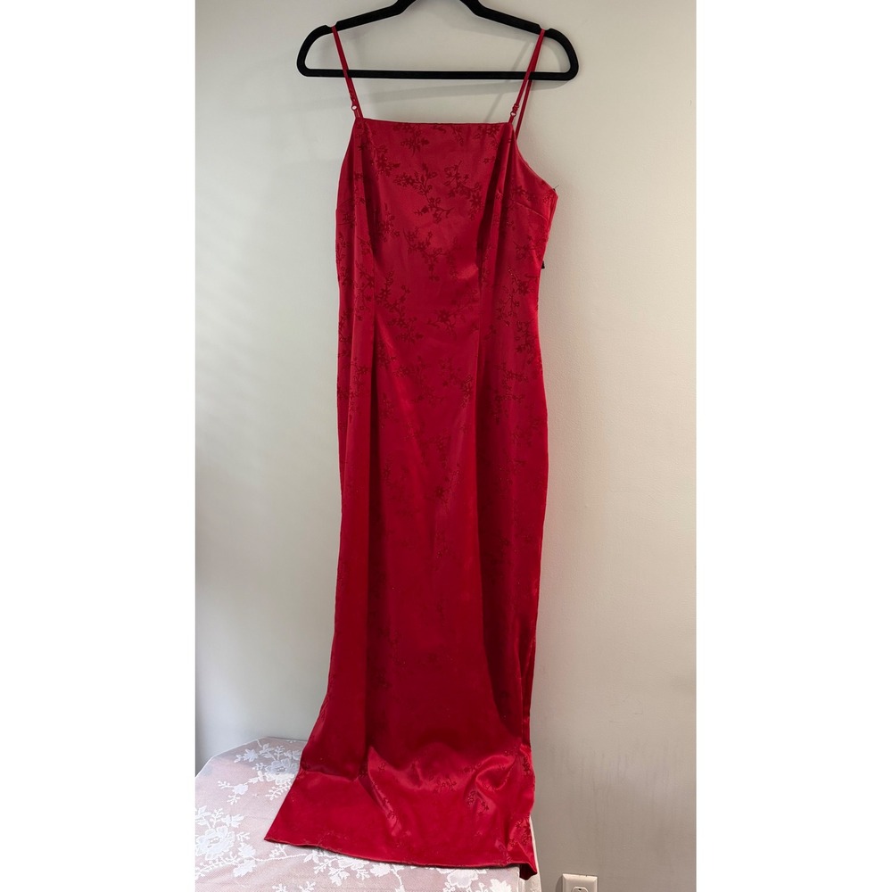 Vintage City Triangles Maxi Dress Women 9/10 Red Floral Burnout Glitter 90s